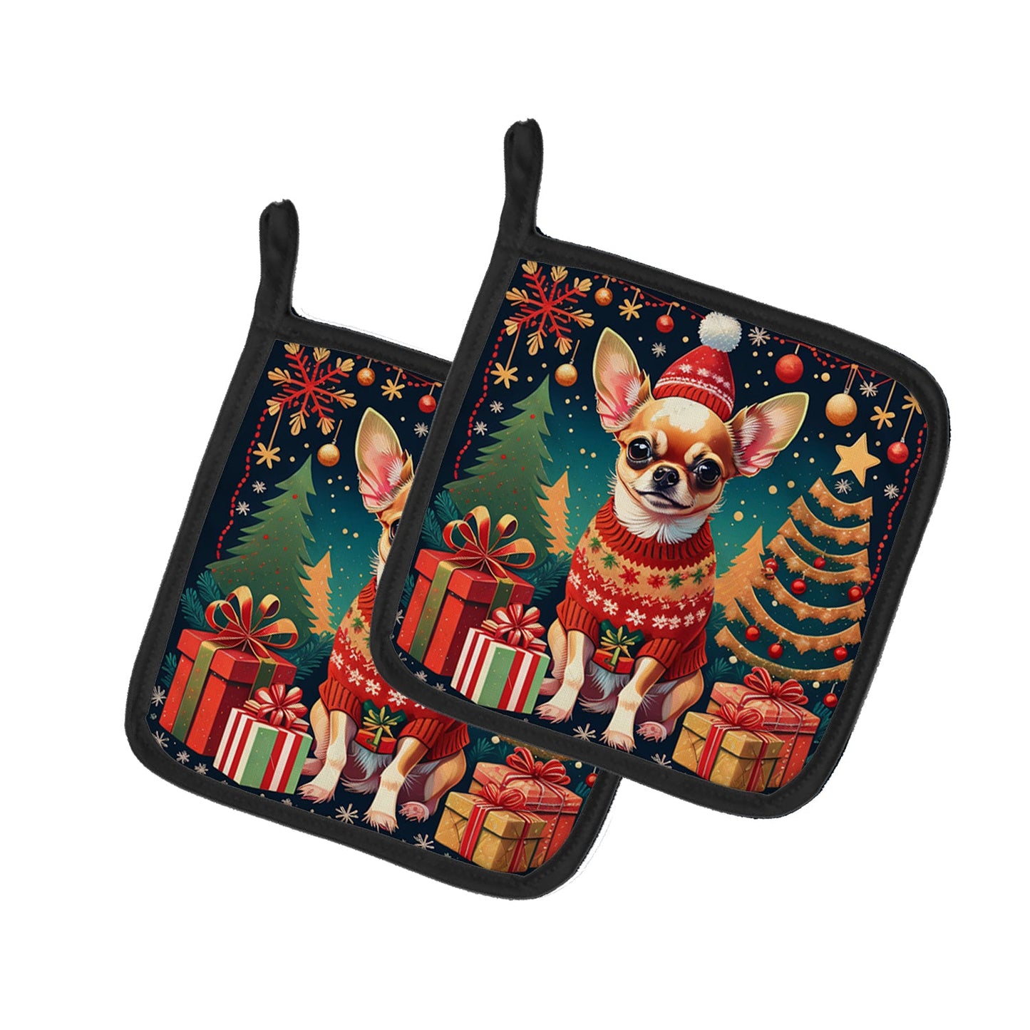 🎁🎄Festive Chihuahua Christmas Pot Holder Pair – Holiday Kitchen Set