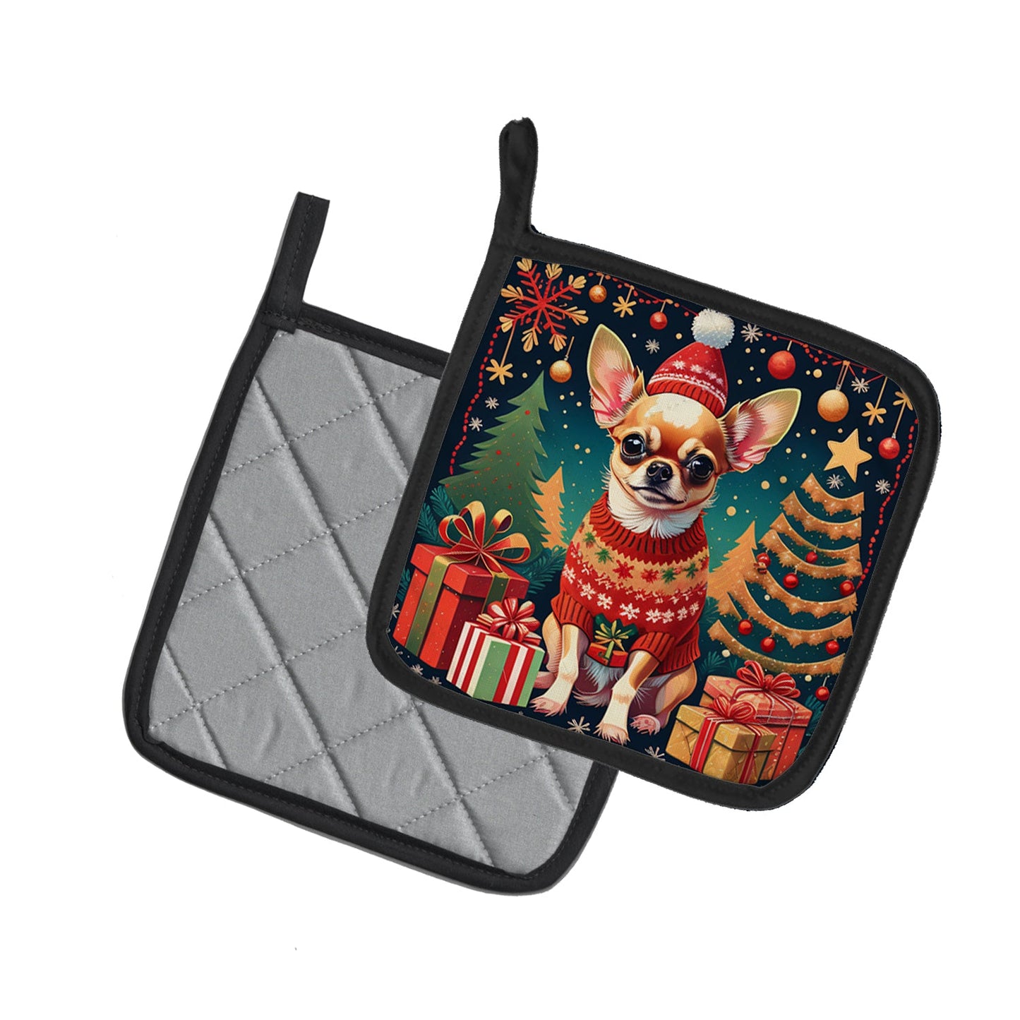 🎁🎄Festive Chihuahua Christmas Pot Holder Pair – Holiday Kitchen Set